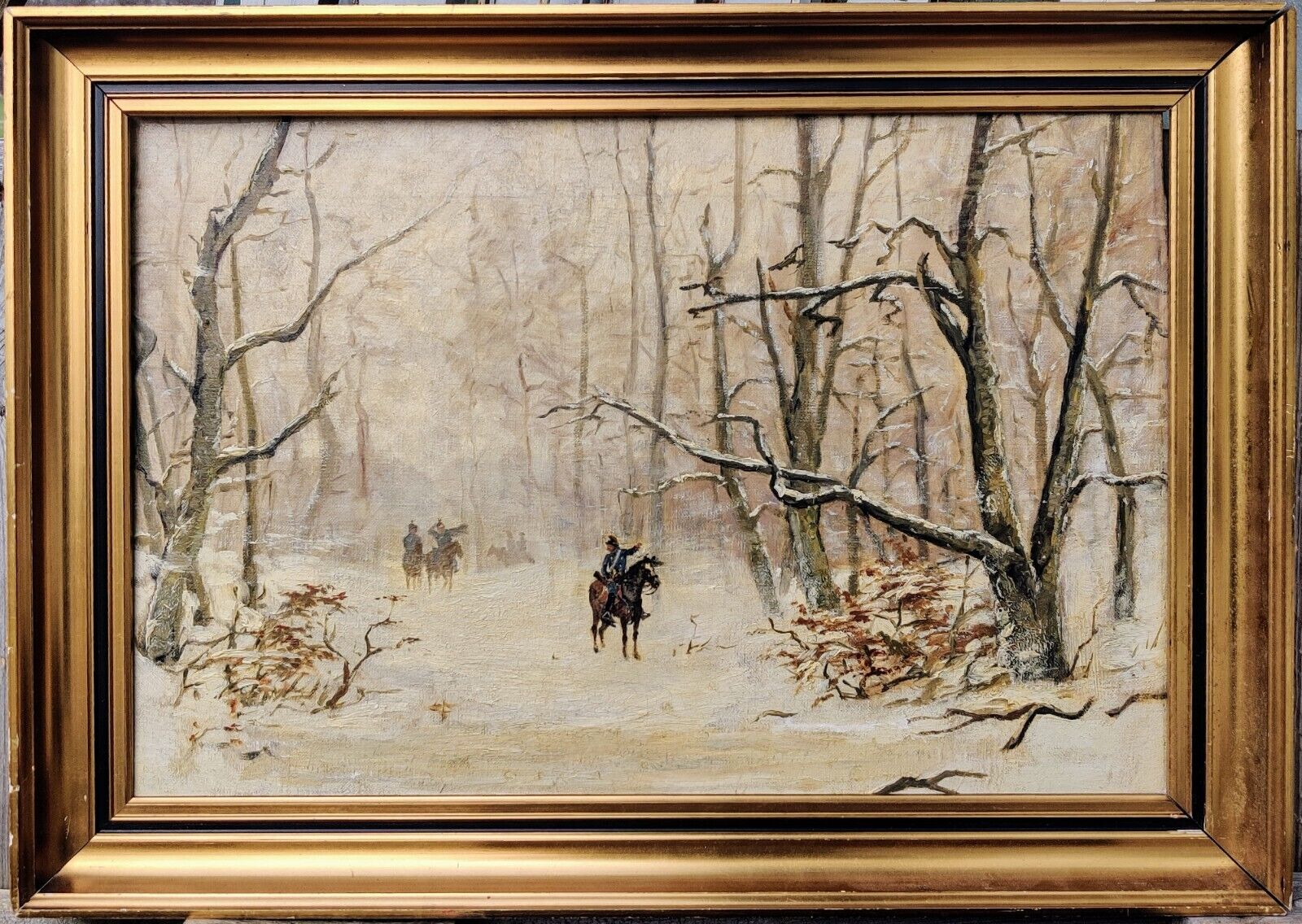 HUSSARS IN WINTER FOREST original oil painting