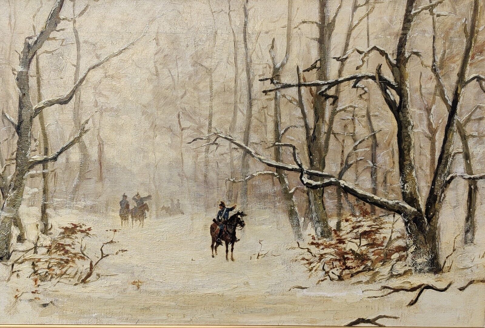 HUSSARS IN WINTER FOREST original oil painting