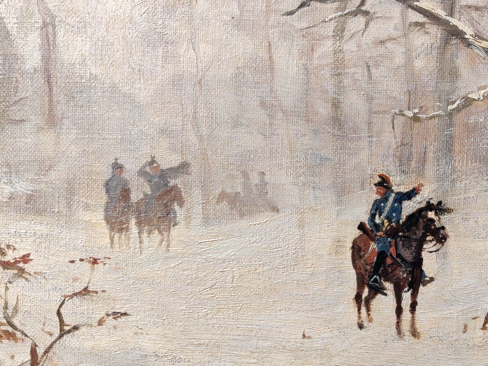 HUSSARS IN WINTER FOREST original oil painting