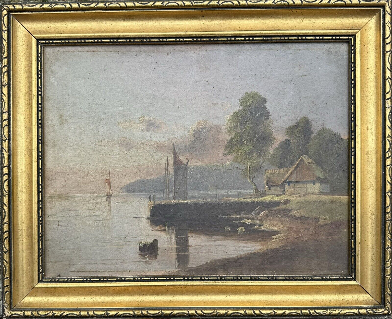 Old Danish Oil Painting: Motif With Landscape - House, Ships On The Lake c. 1910