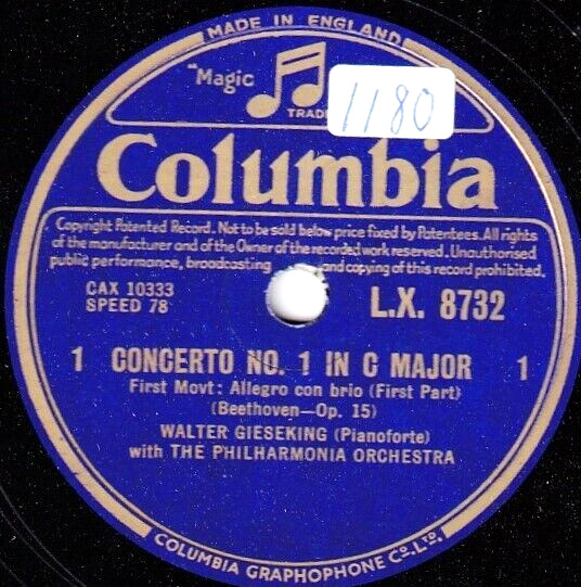 Gieseking Beethoven (Piano concerto 1) Col LX 8732-5 (4) NM(-)