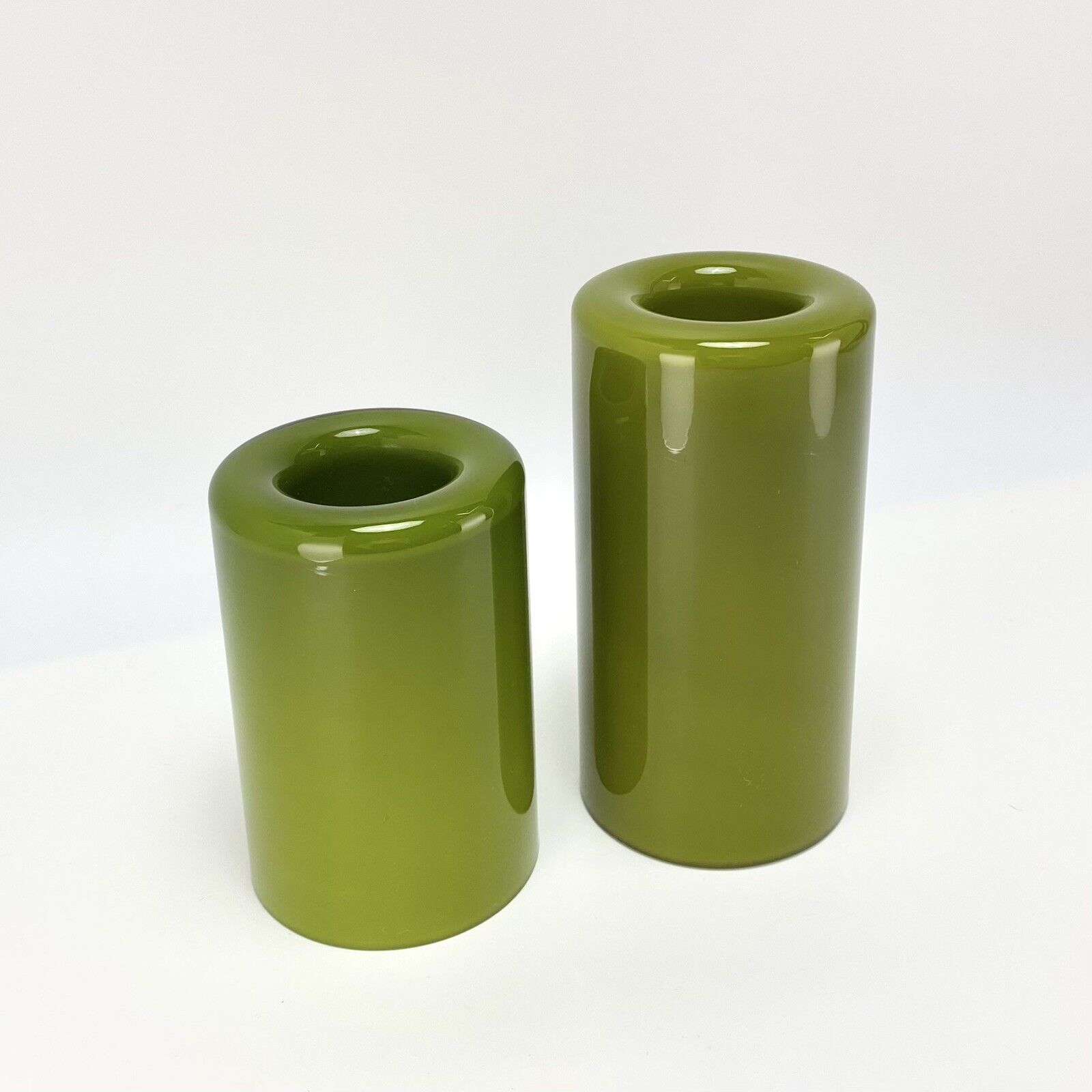 Pair Norwegian Vintage MCM Owe Elven Orrefors Candleholders Votive Green Glass