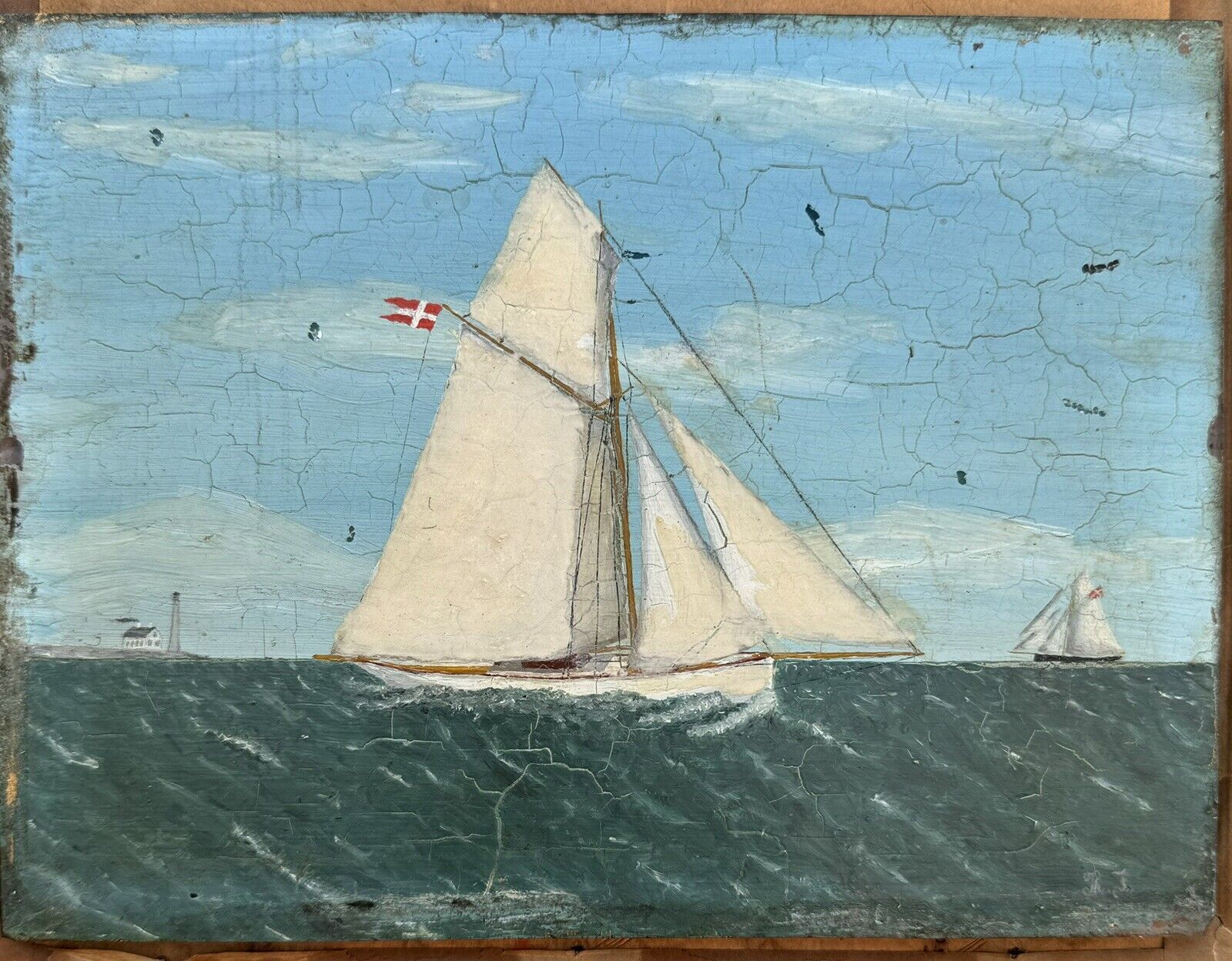 Old Oil Painting on Thich  Glass Plate: Sailing Ships On The Sea From c. 1920