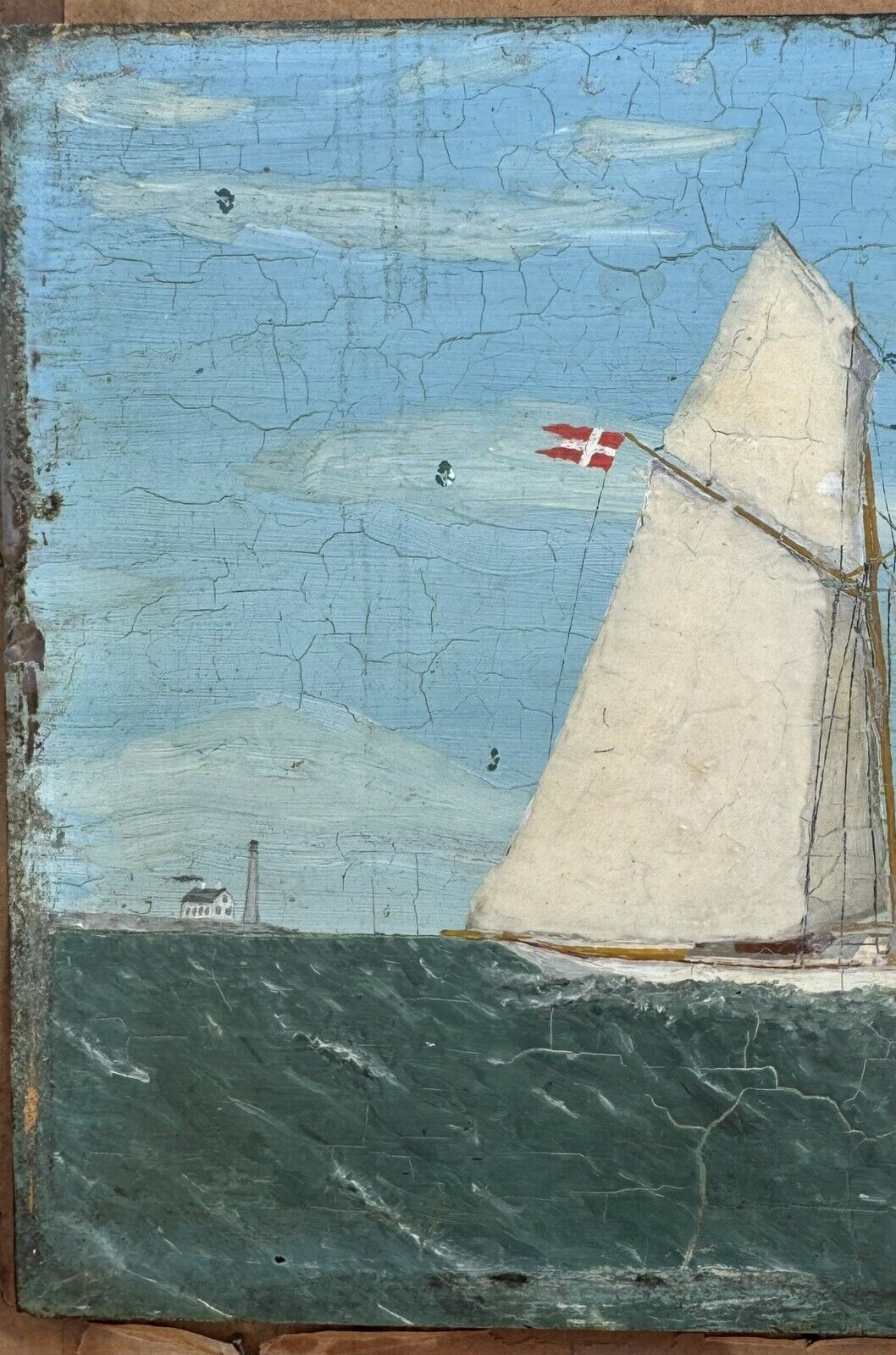 Old Oil Painting on Thich  Glass Plate: Sailing Ships On The Sea From c. 1920