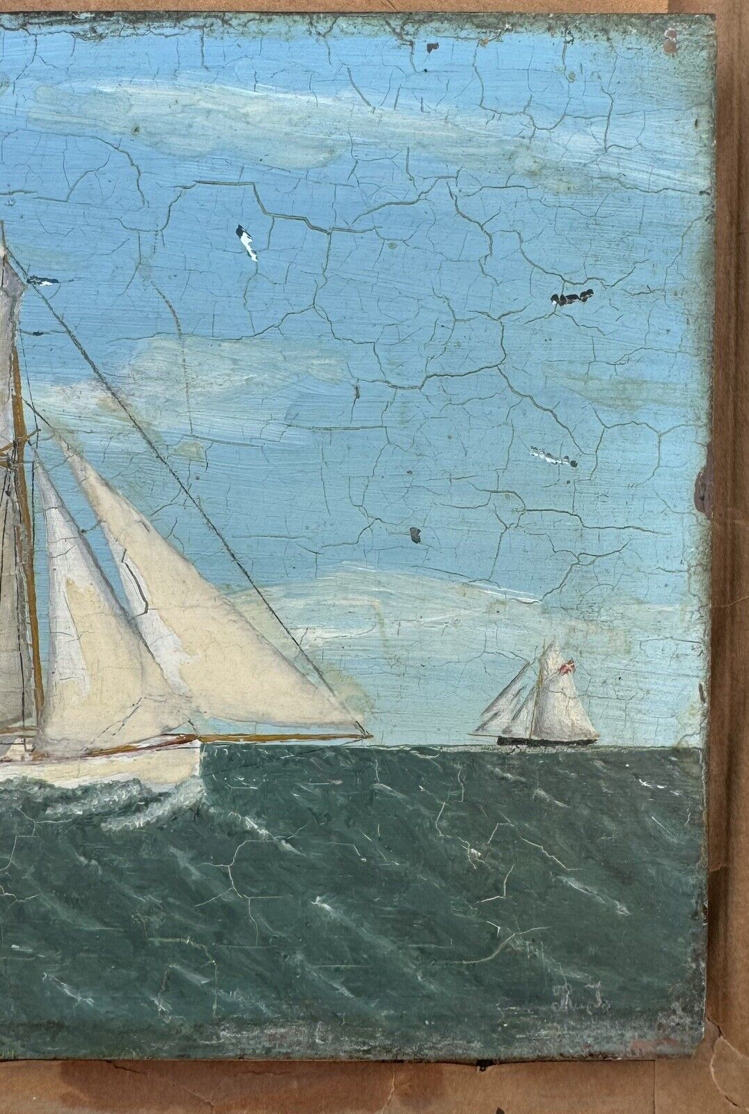 Old Oil Painting on Thich  Glass Plate: Sailing Ships On The Sea From c. 1920