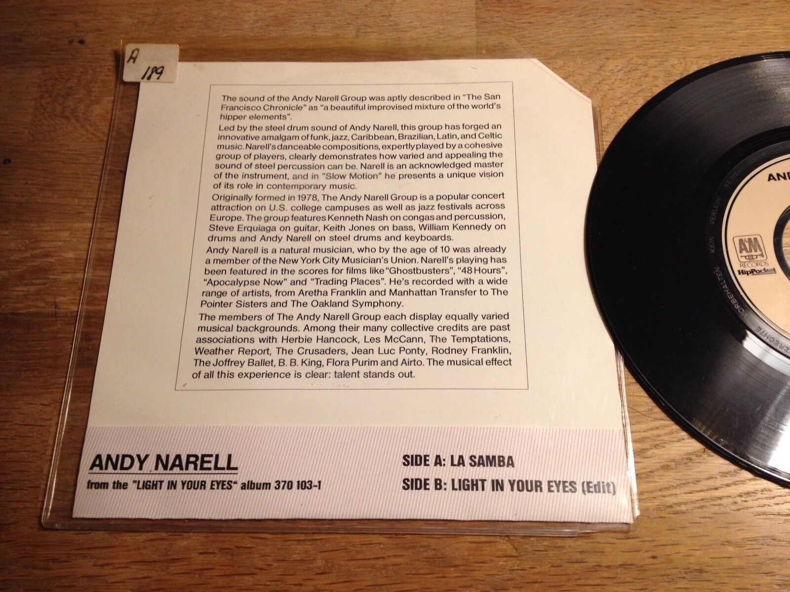 ANDY NARELL "LA SAMBA / LIGHT IN YOUR EYES (EDIT)" A  M RECORD 1983 PROMOTIONAL