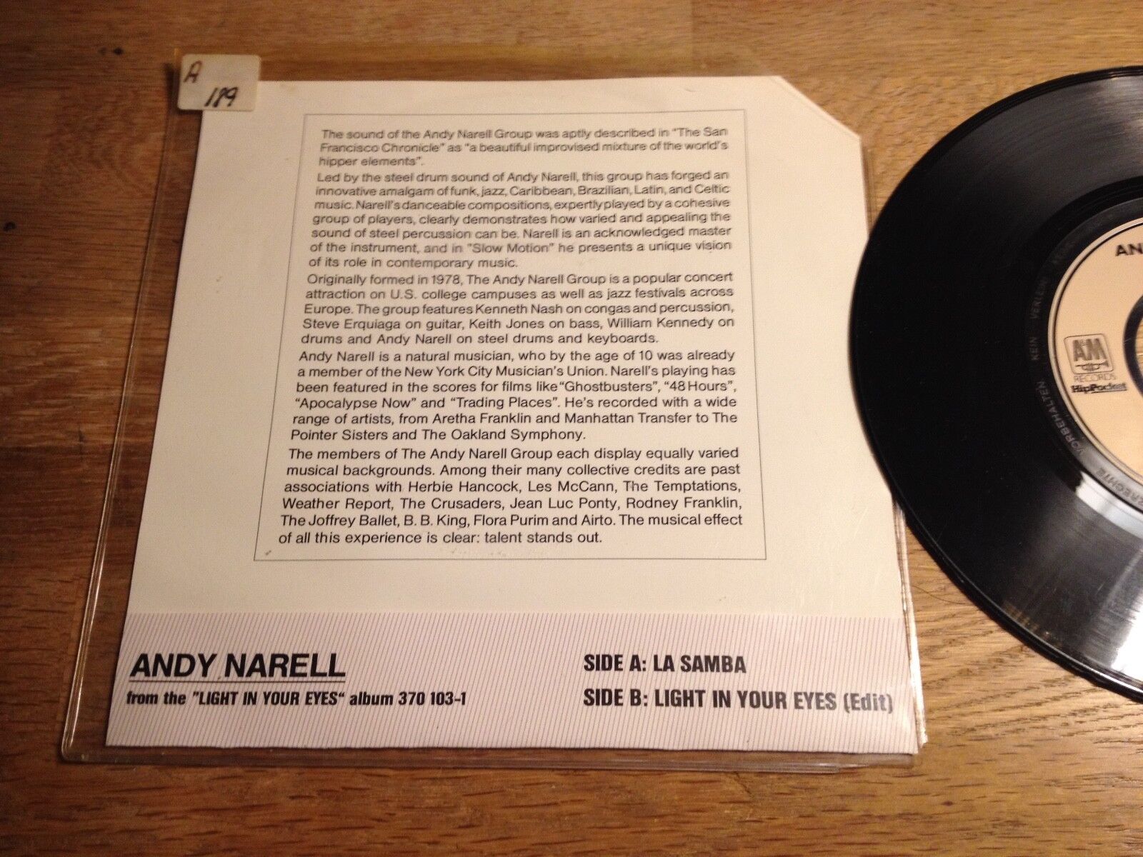 ANDY NARELL "LA SAMBA / LIGHT IN YOUR EYES (EDIT)" A  M RECORD 1983 PROMOTIONAL