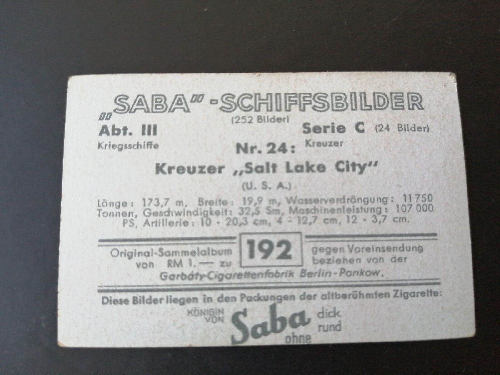 German SABA tobacco ship trading card 1931-33No 192 "Salt Lake City" USA