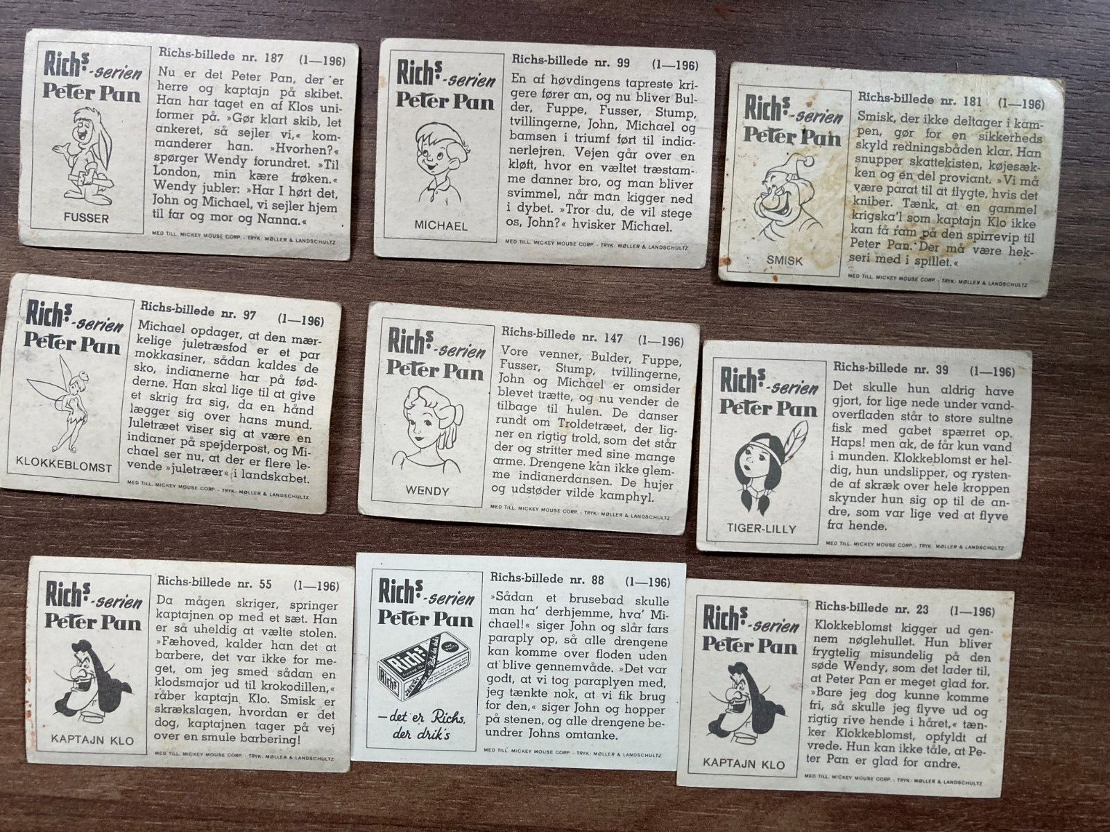 Bundle of 9x Rare Danish "Peter Pan" Trading Cards Disney Richs (1953)