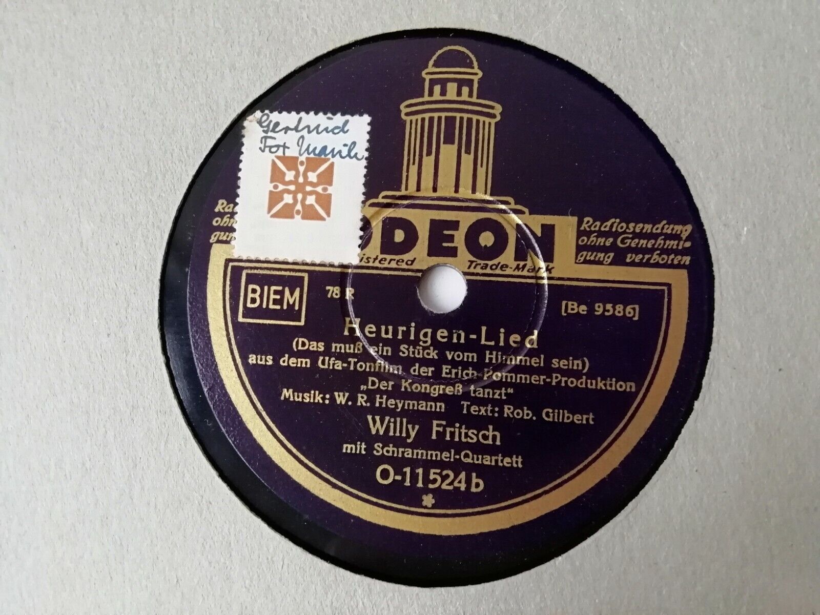 78rpm record:Lilian HarveyChristels LiedWilly FritschHeurigen-LiedOdeon