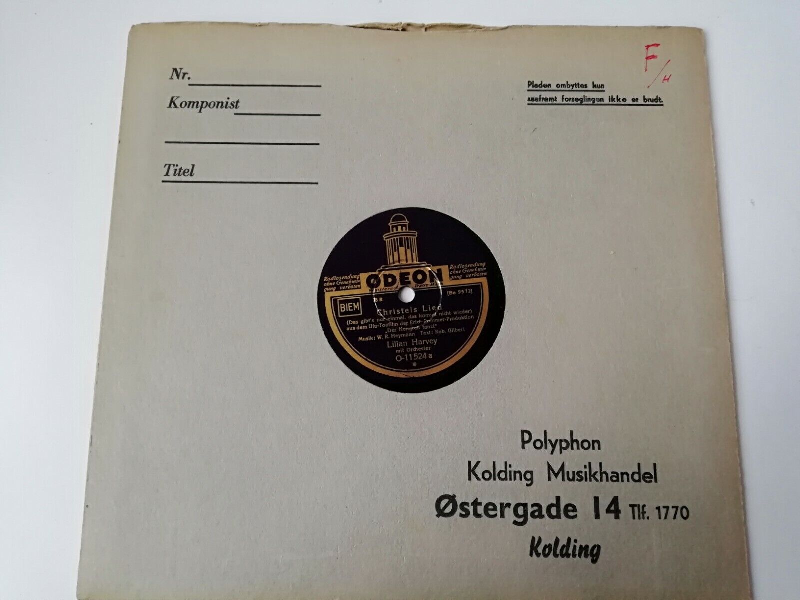 78rpm record:Lilian HarveyChristels LiedWilly FritschHeurigen-LiedOdeon