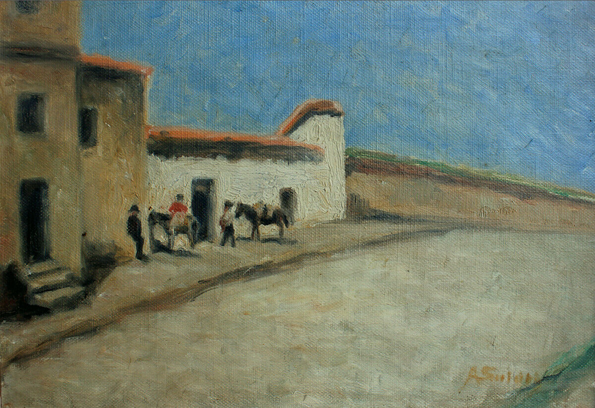 Anna Smidth Men with horses in an Italian village Early 1900s Female artist