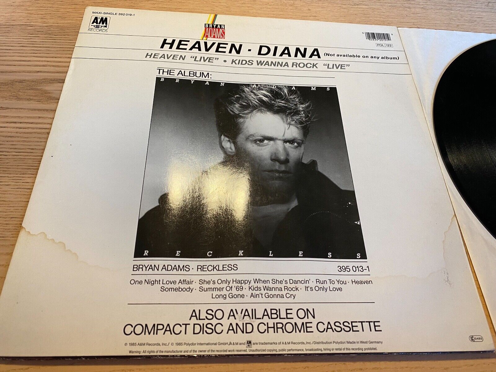 BRYAN ADAMS "HEAVEN / DIANA / KIDS WANNA ROCK" 1985 W GERMAN PRESS A  M RECORDS