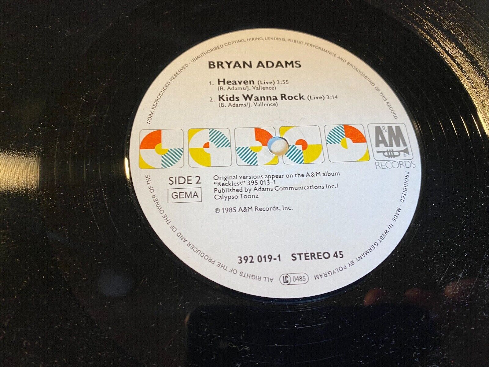 BRYAN ADAMS "HEAVEN / DIANA / KIDS WANNA ROCK" 1985 W GERMAN PRESS A  M RECORDS