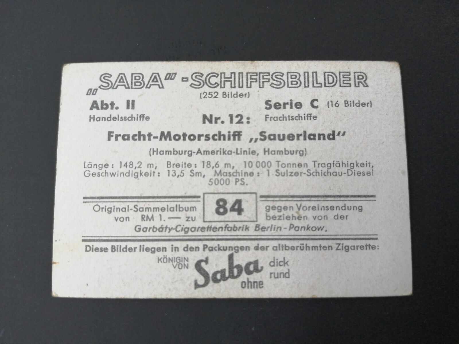 German SABA tobacco ship trading card 1931-33No 84 "Sauerland" HH-Amerika