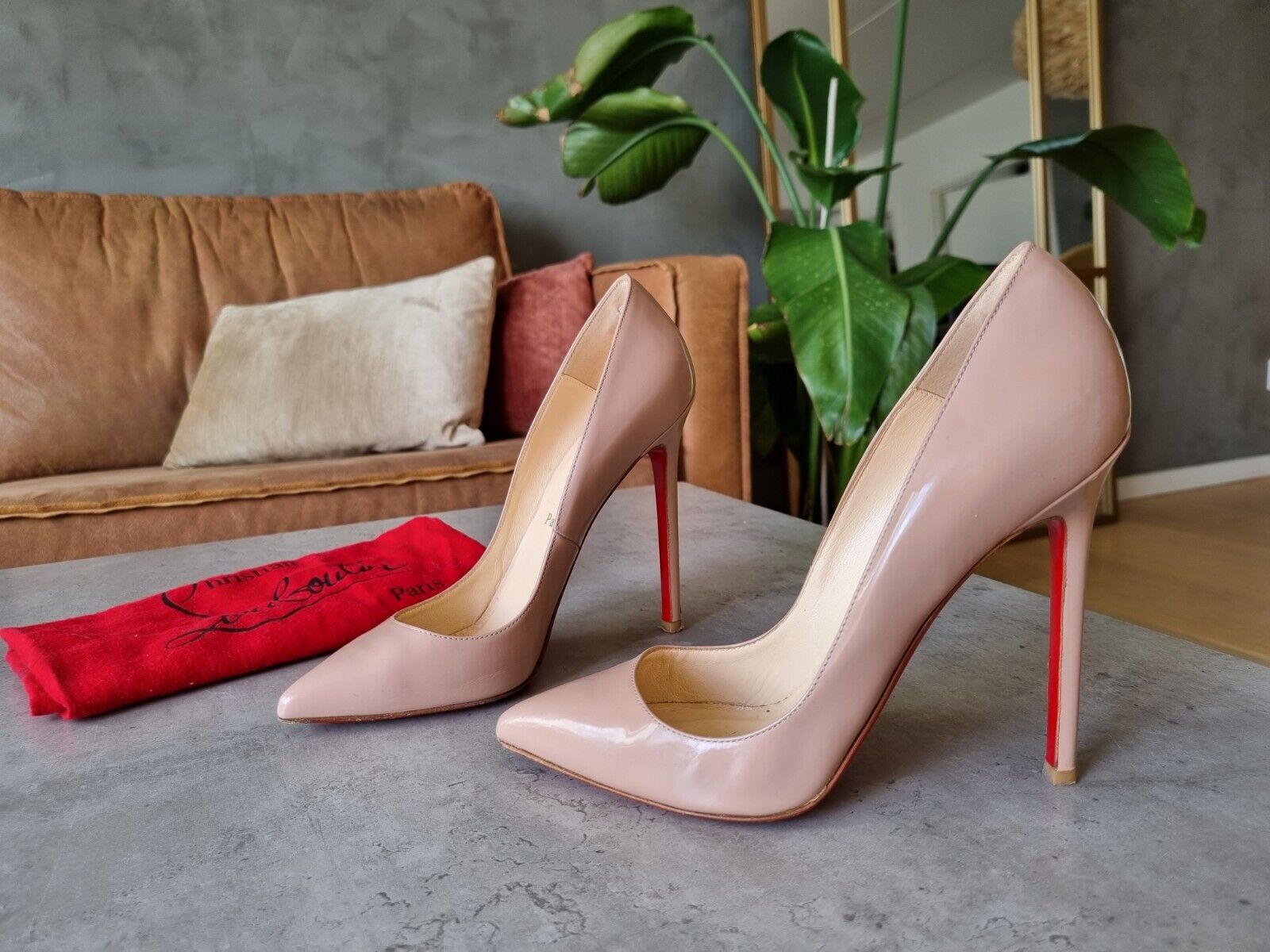 **Christian Louboutin** Beige Patent Leather Pigalle 120mm Pumps Heels Size 365