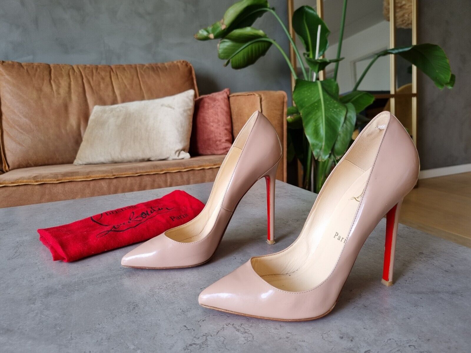 **Christian Louboutin** Beige Patent Leather Pigalle 120mm Pumps Heels Size 365