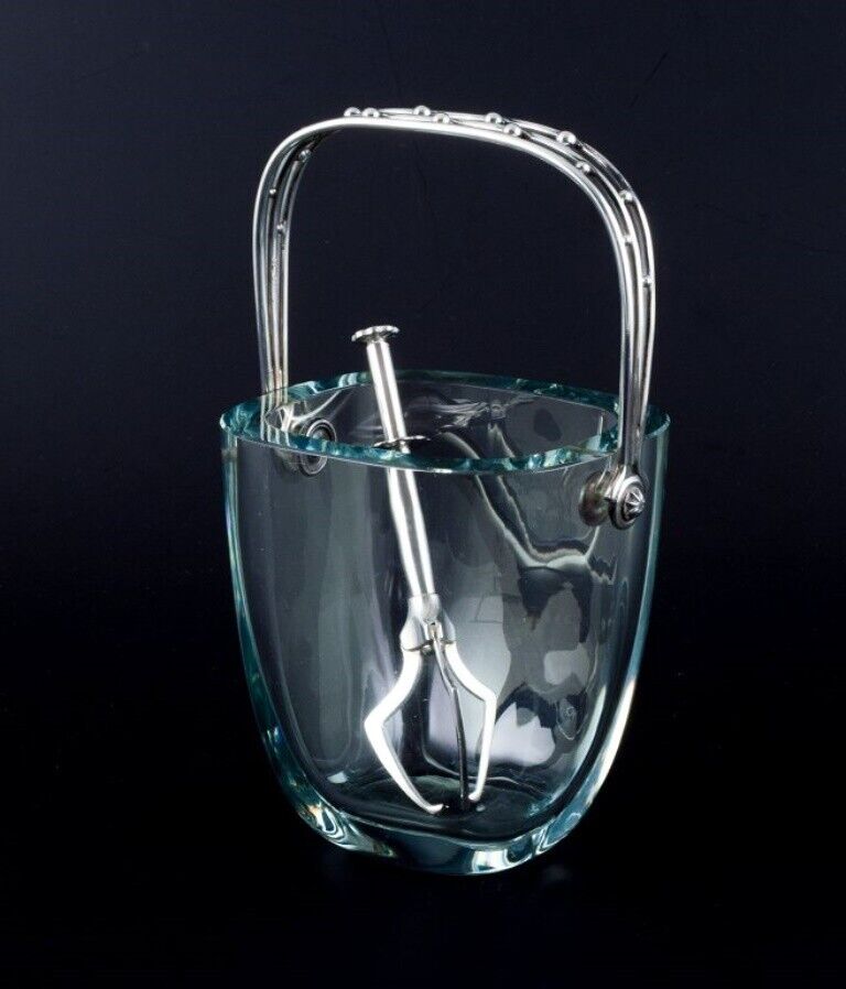 E Dragsted Modernist ice bucket in art glass with sterling silver handle