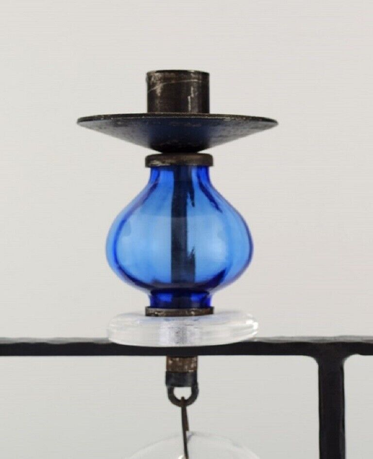 Erik Höglund for Kosta Boda large candle holder in cast iron with art glass