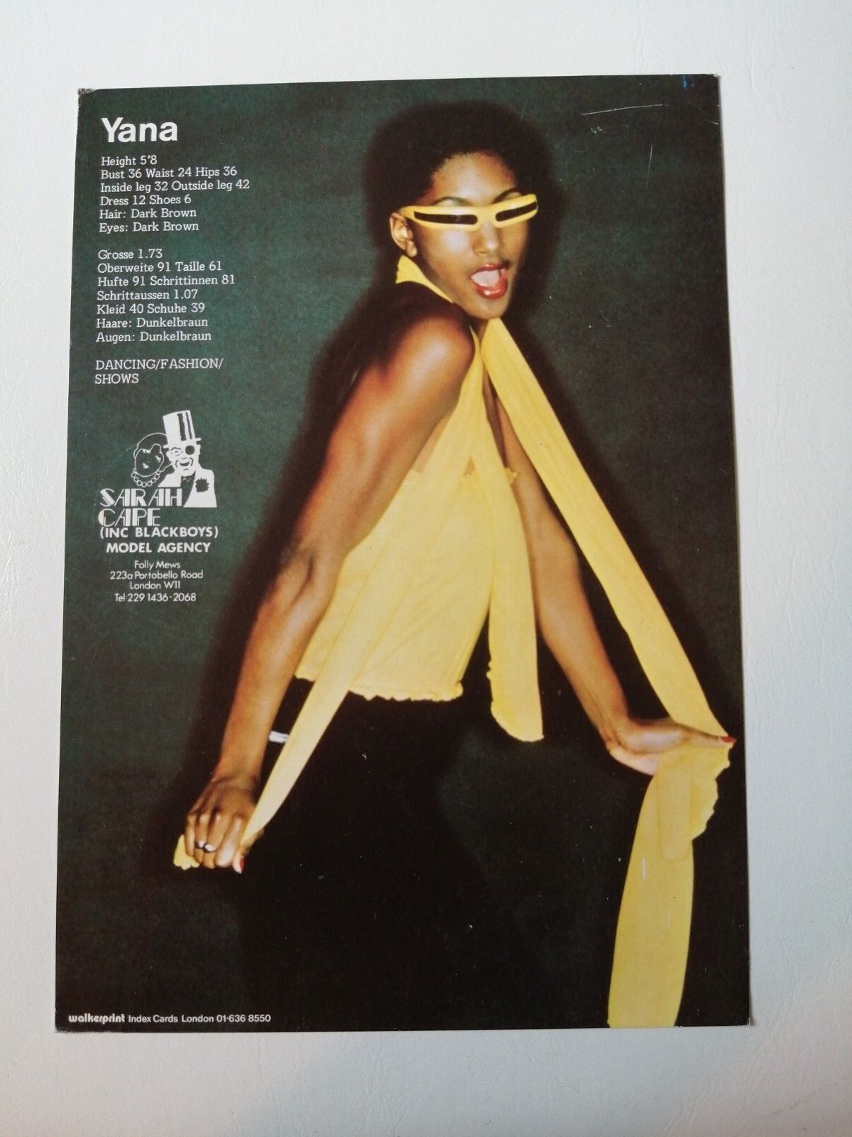 Vintage  English  model comp card from 1970s/1980s YANA