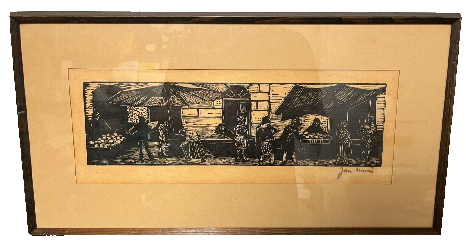 Danish Mid-Century Modern Woodcut Print Signed by Jane (?) | 55x30 cm Framed