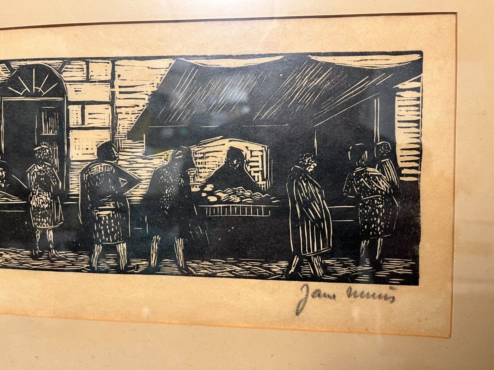 Danish Mid-Century Modern Woodcut Print Signed by Jane (?) | 55x30 cm Framed