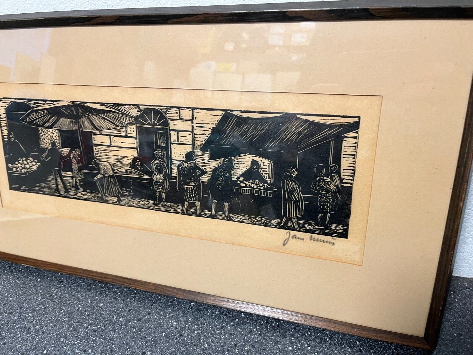 Danish Mid-Century Modern Woodcut Print Signed by Jane (?) | 55x30 cm Framed