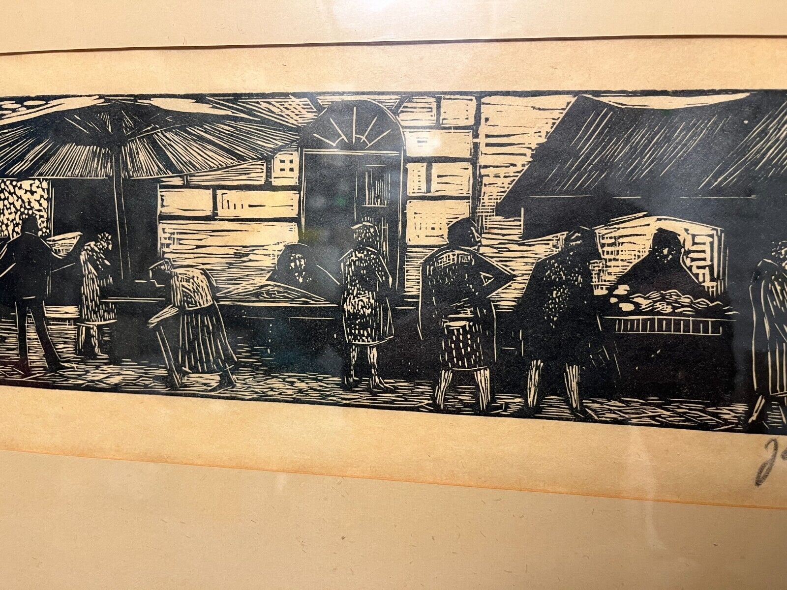 Danish Mid-Century Modern Woodcut Print Signed by Jane (?) | 55x30 cm Framed