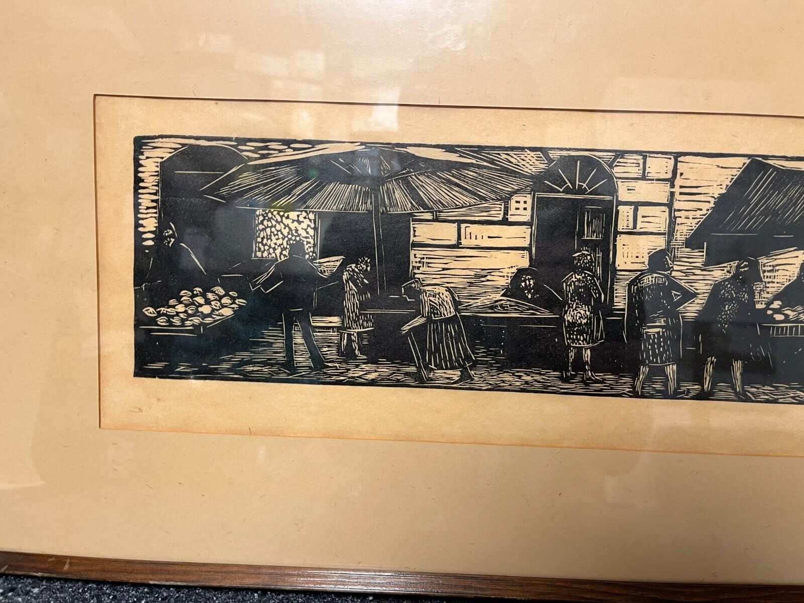 Danish Mid-Century Modern Woodcut Print Signed by Jane (?) | 55x30 cm Framed