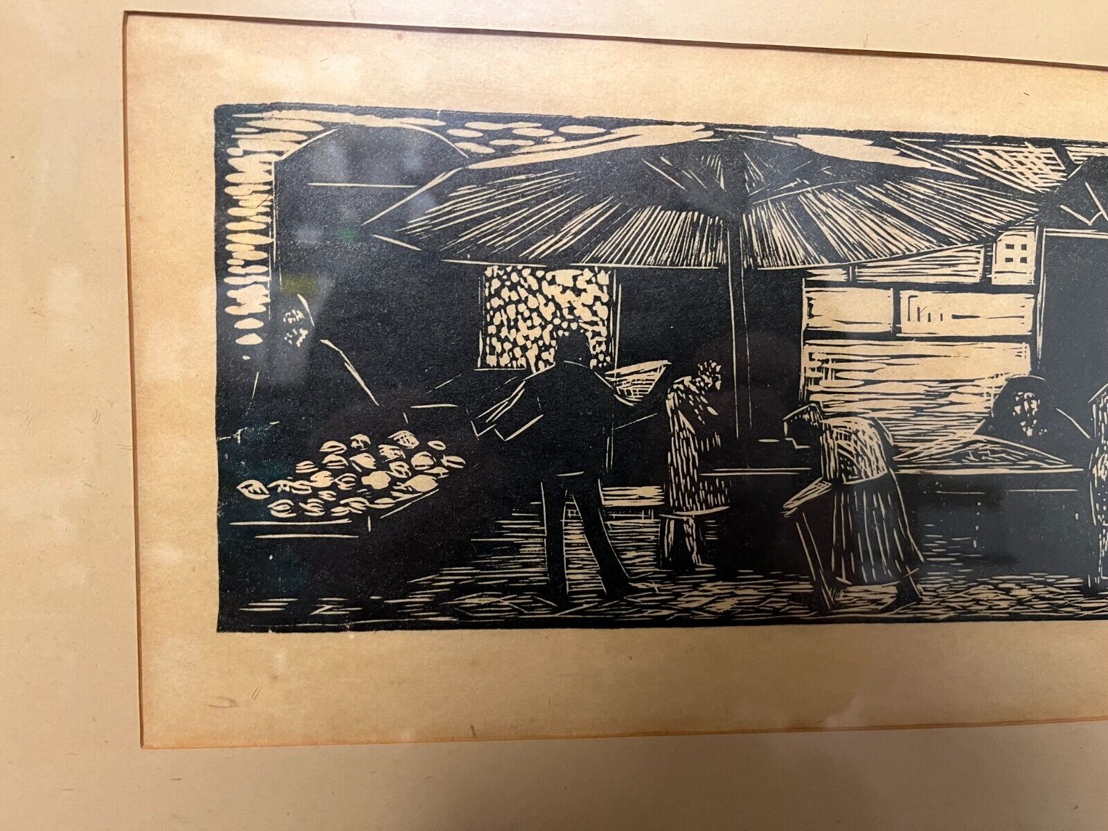 Danish Mid-Century Modern Woodcut Print Signed by Jane (?) | 55x30 cm Framed