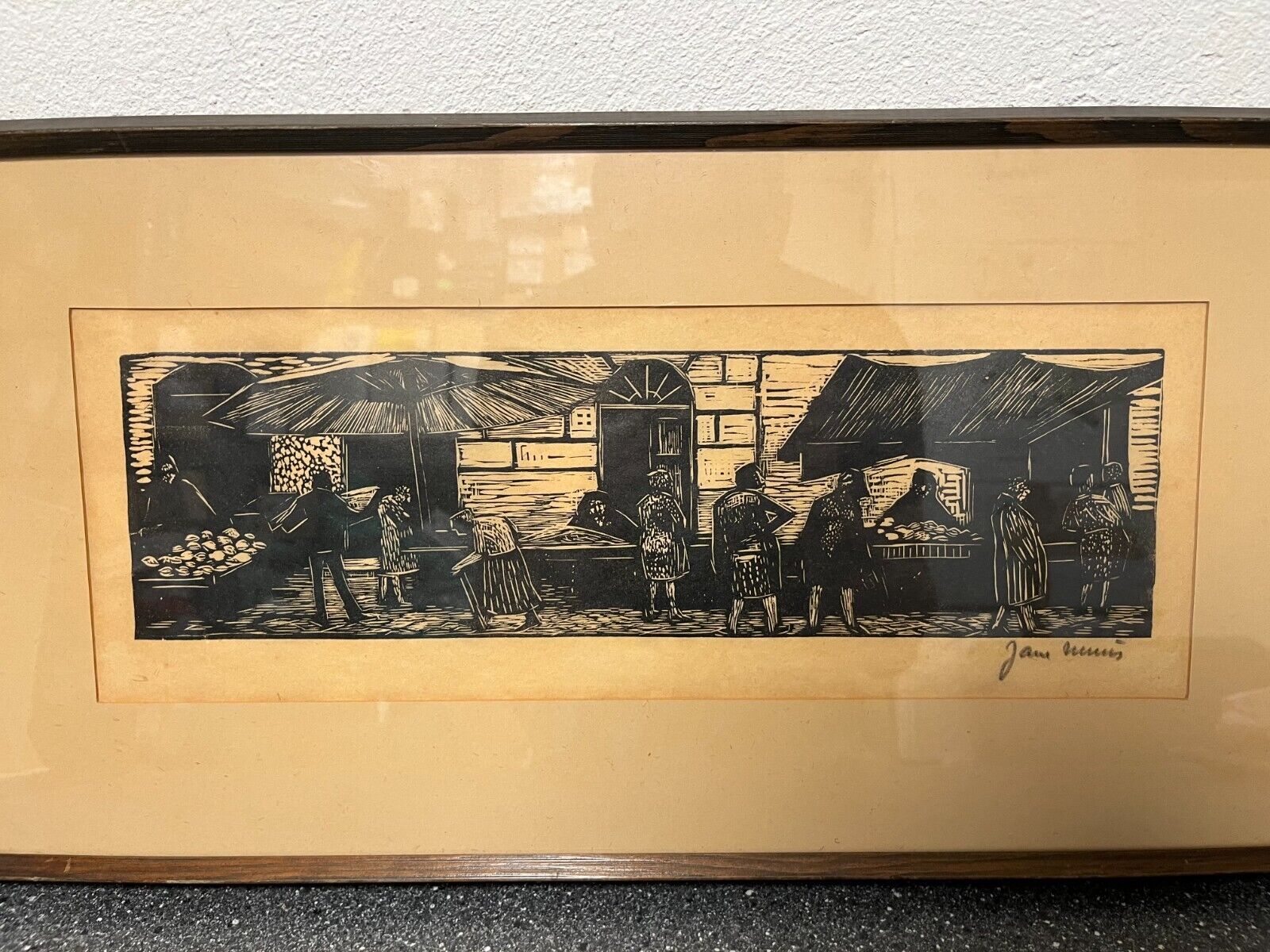 Danish Mid-Century Modern Woodcut Print Signed by Jane (?) | 55x30 cm Framed