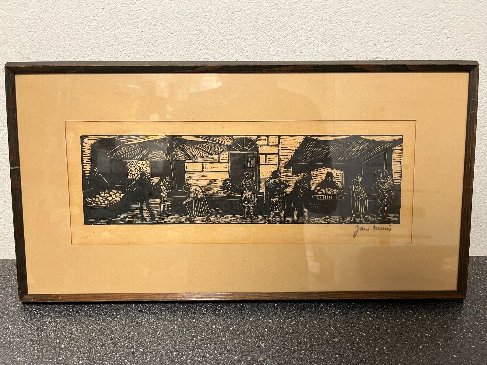 Danish Mid-Century Modern Woodcut Print Signed by Jane (?) | 55x30 cm Framed