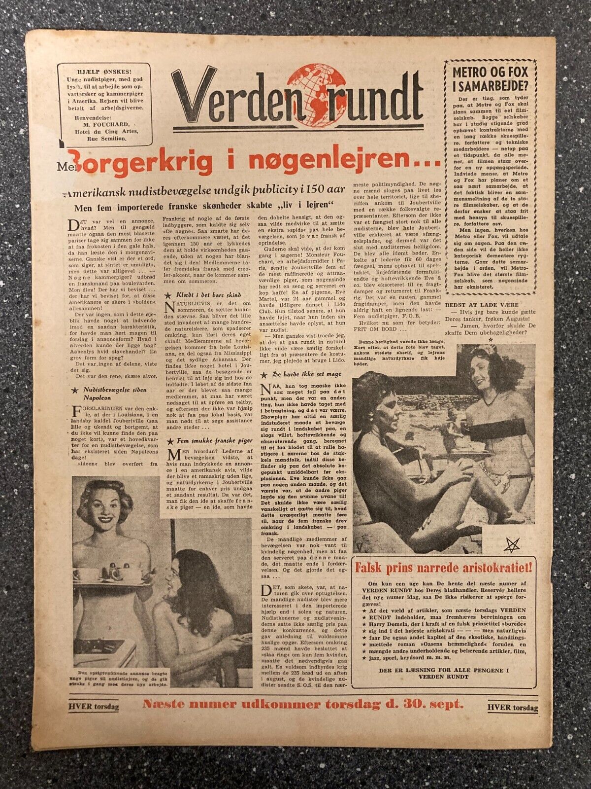 Silvana Mangano Steve Cochran Nudistcamp Danish Magazine 1954 "Verden Rundt"