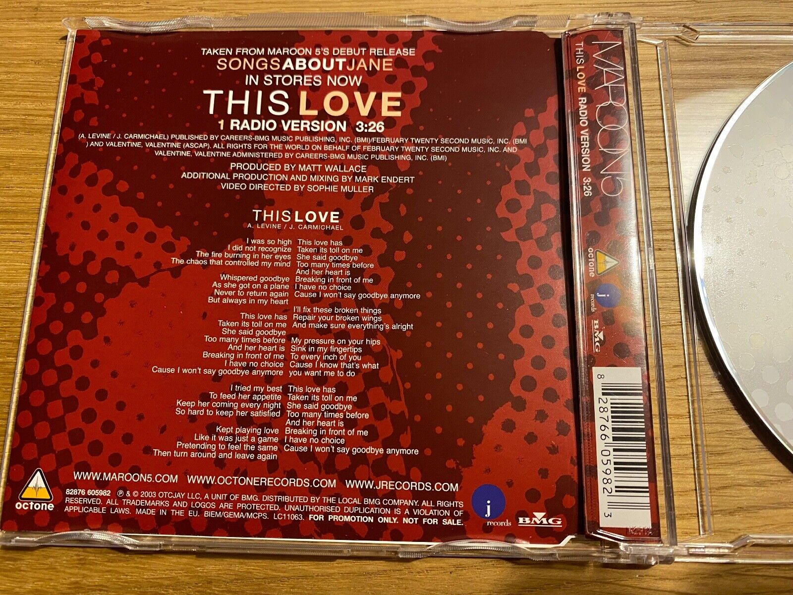 MAROON 5 "THIS LOVE" 2003 BMG  J RECORDS 1 TRACK PROMOTIONAL CD SINGLE EU PRESS