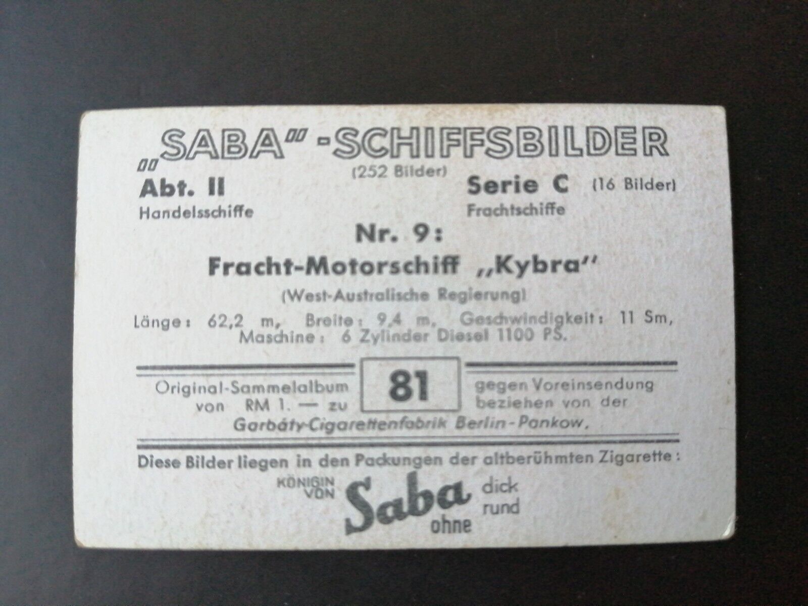 German SABA tobacco ship trading card 1931-33No 81 "Kybra" Australia