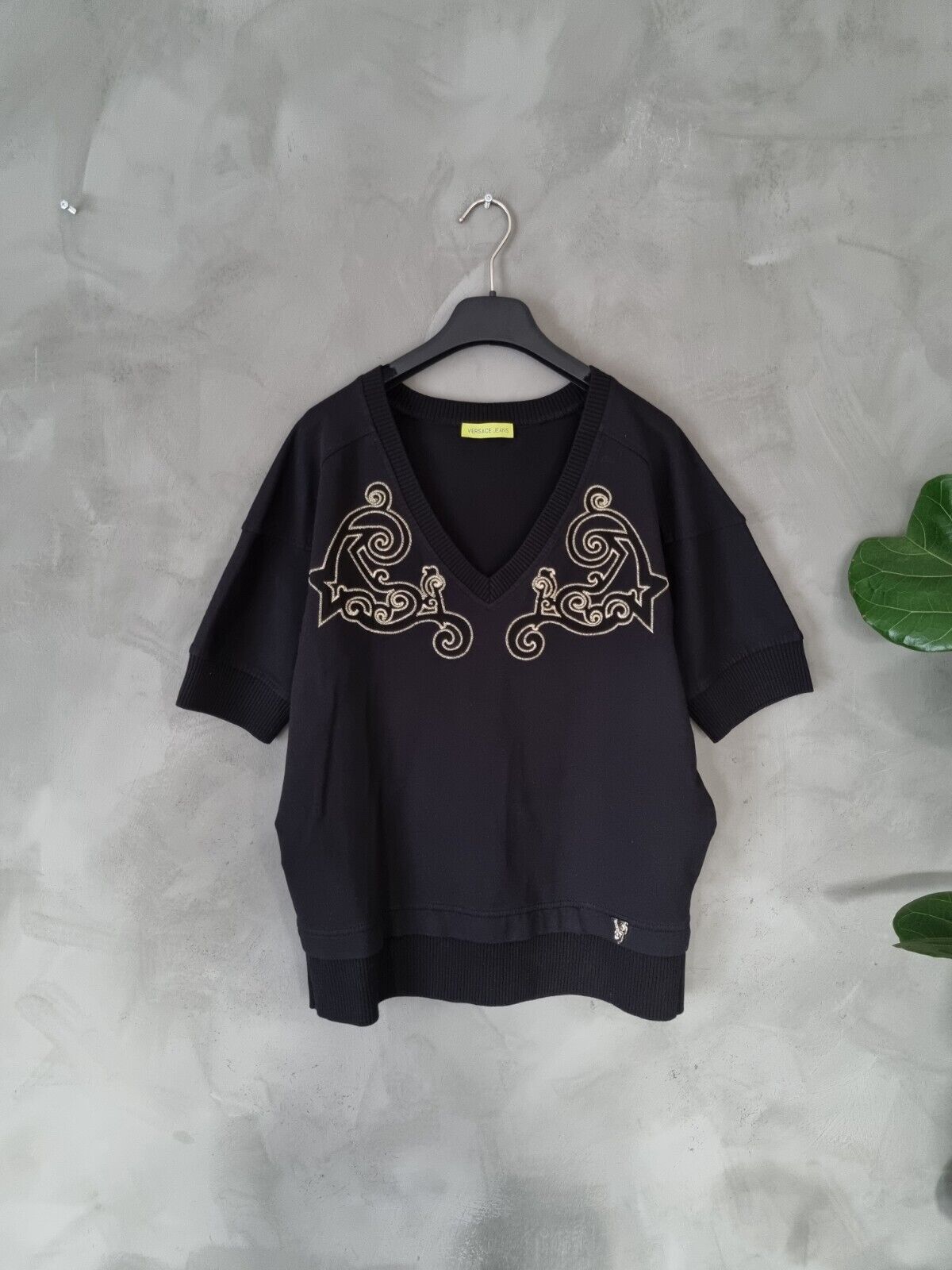 **VERSACE** Black Gold Embroided Cotton Jumper Sweater DE 38