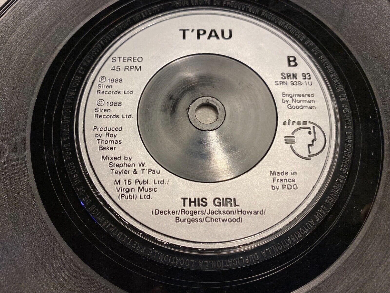 T´PAU "SECRET GARDEN / THIS GIRL" 1988 SIREN RECORDS FRANCE SRN 93 RARE VINYL 7"