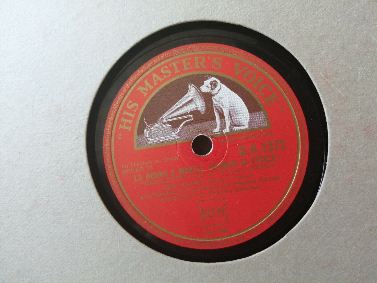 78 rpm shellacBENJAMINO GIGLIE Lucevan Le Stelle/La Donna E MobileHMV DA1372