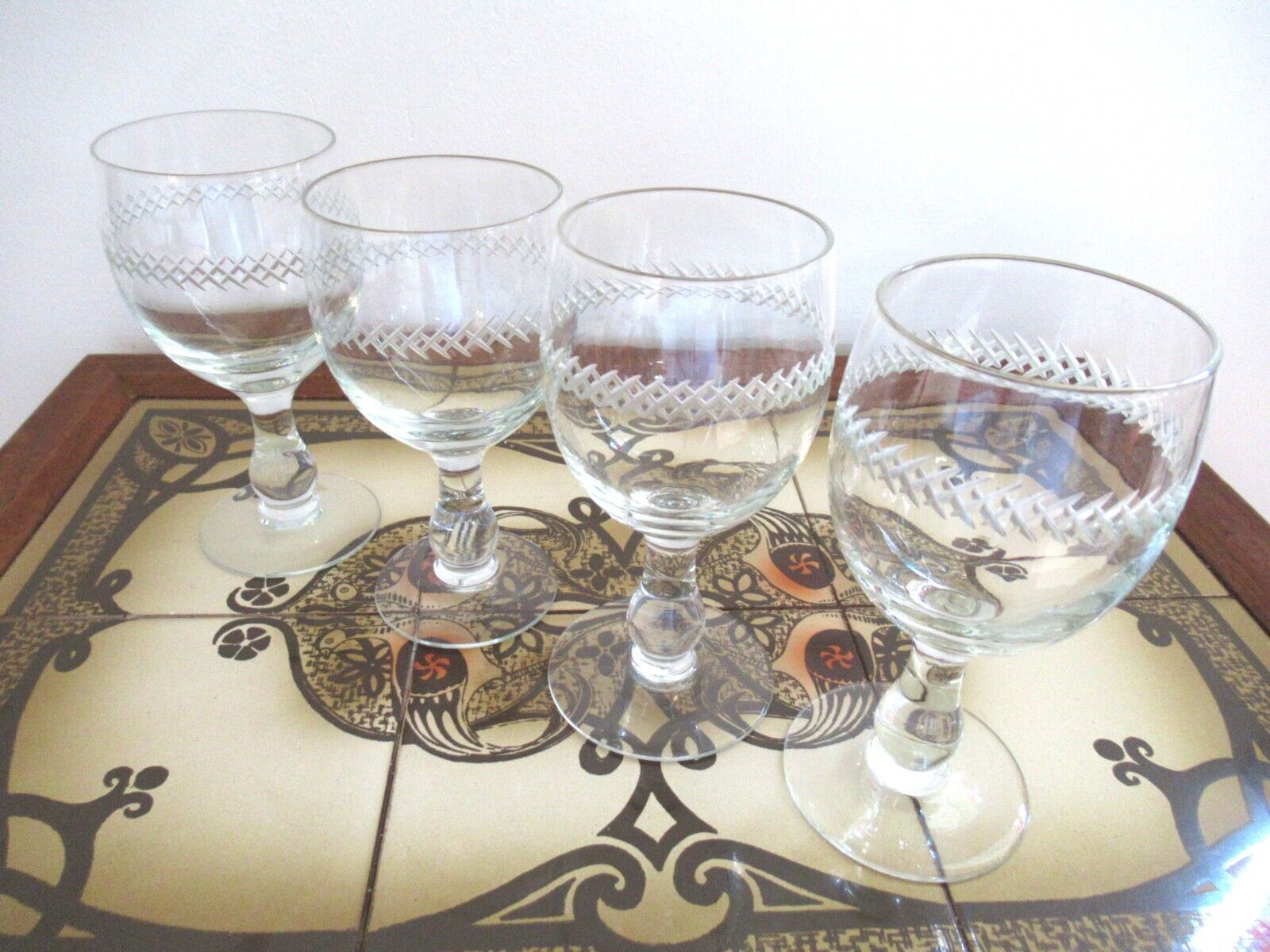 Vintage handmade danish wineglases with criss cross edging