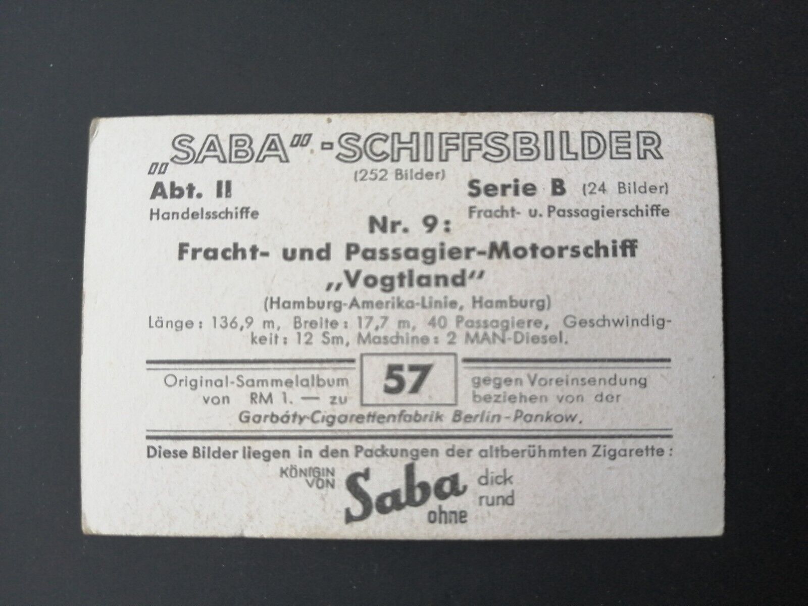 German SABA tobacco ship trading card 1931-33No 57 "Vogtland" HH-Amerika Line