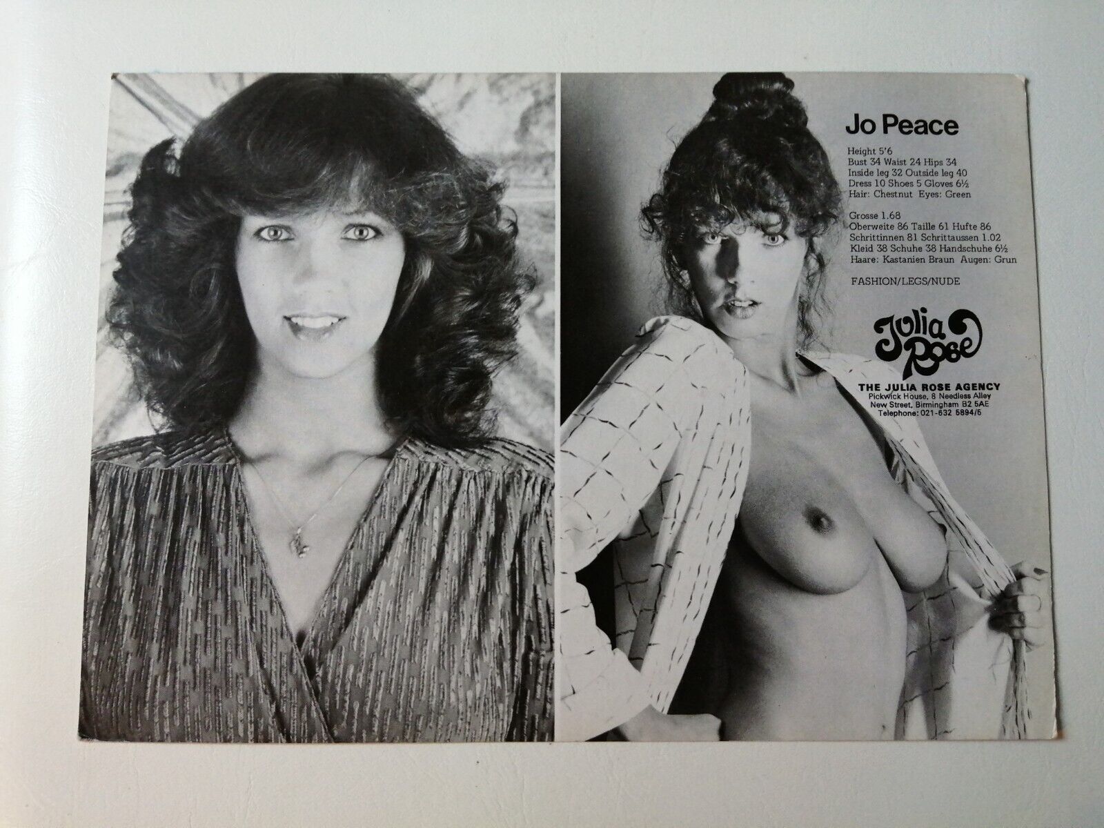 Vintage  English  model comp card from 1970s/1980s Jo Peace