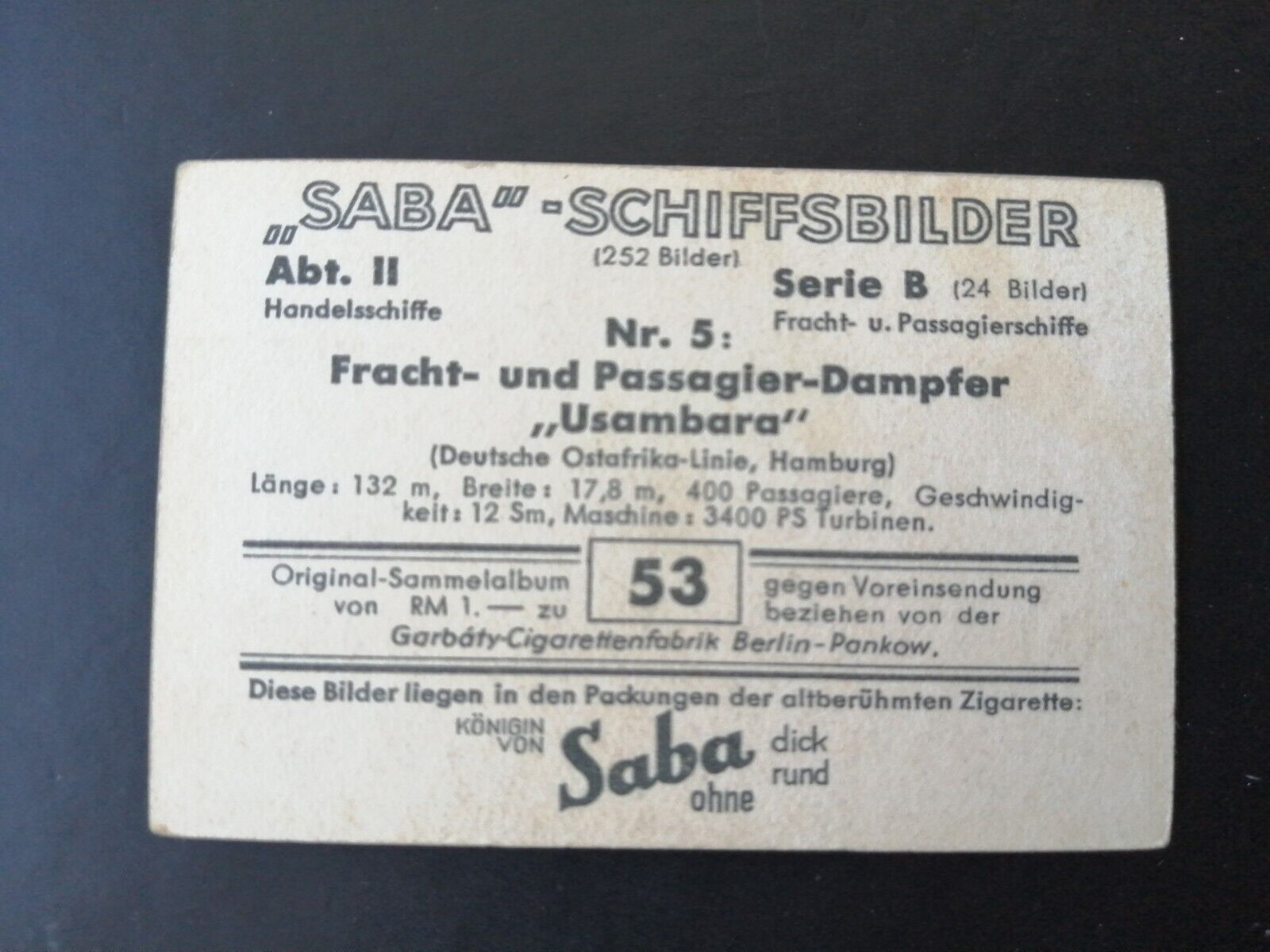 German SABA tobacco ship trading card 1931-33No 53 " Usambara" Hamburg