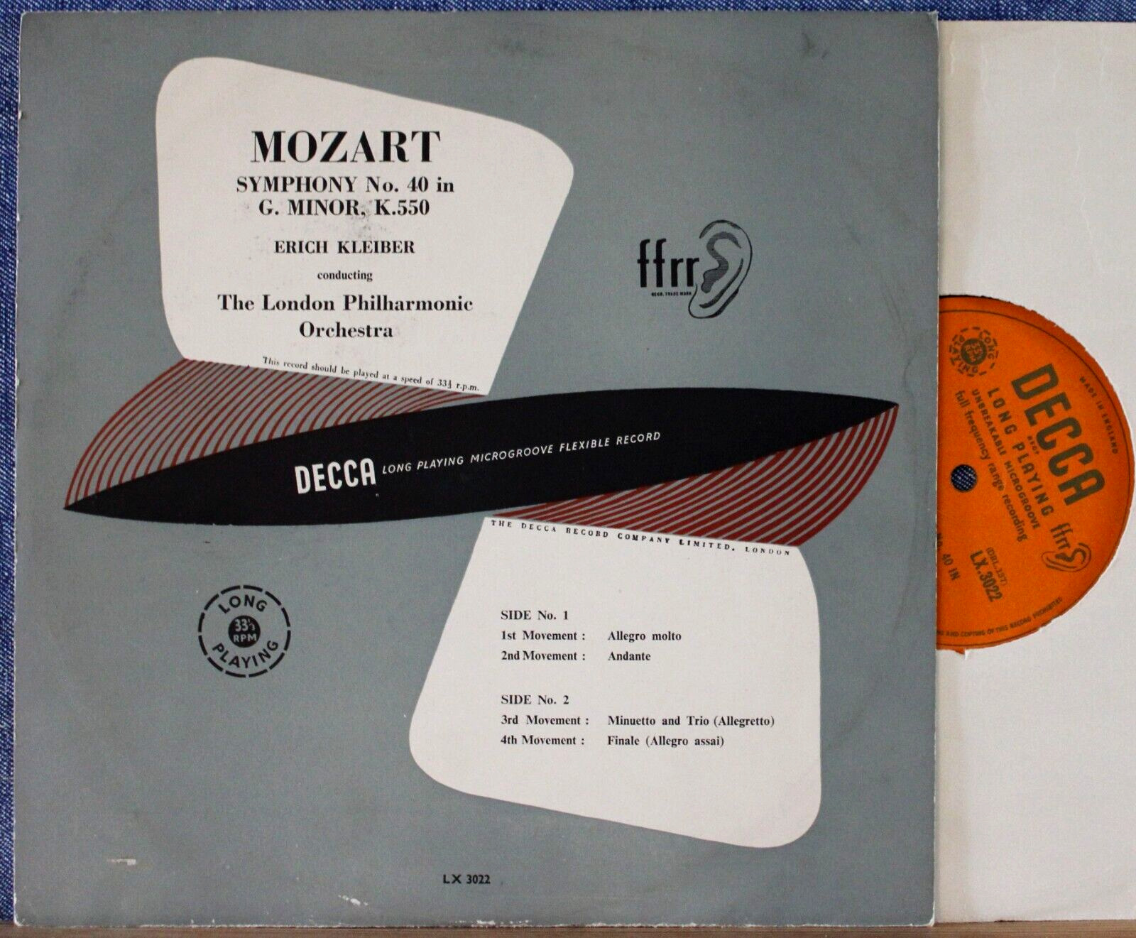 Kleiber Mozart (Symphony 40) Decca LX 3022 (10") NM