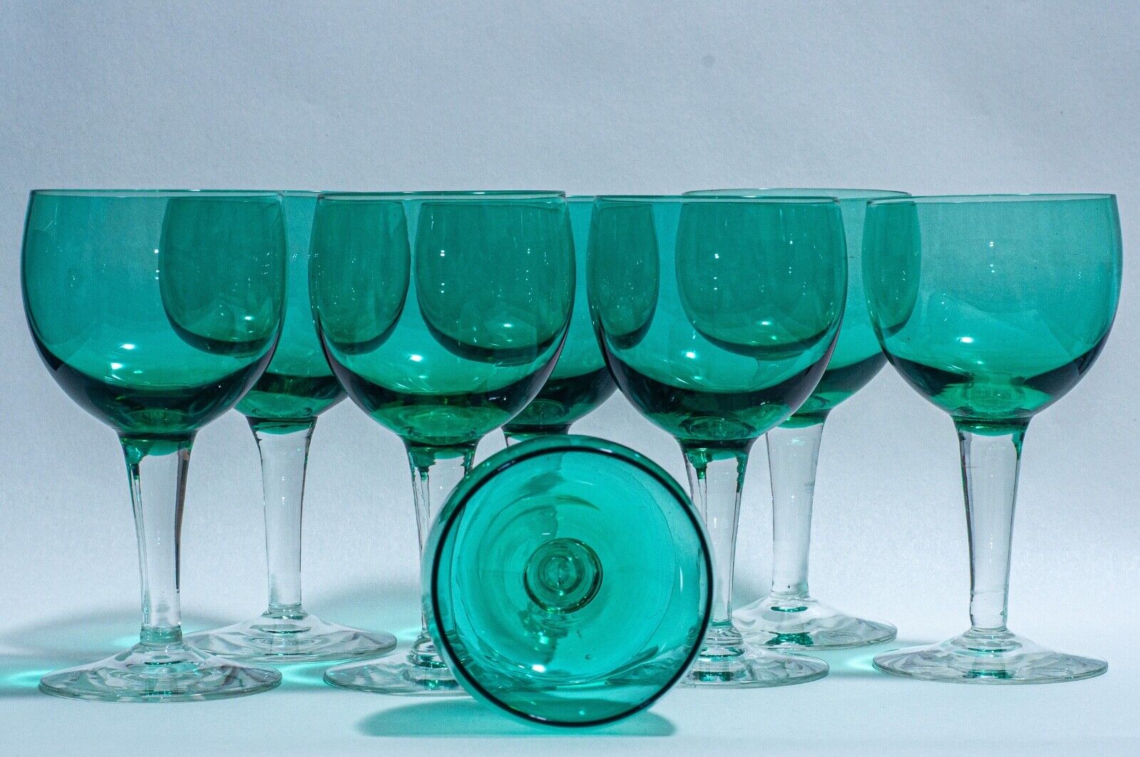 Exquisite Set of Eight Victorian Bristol Green Glass Goblets (Wine/Sherry)