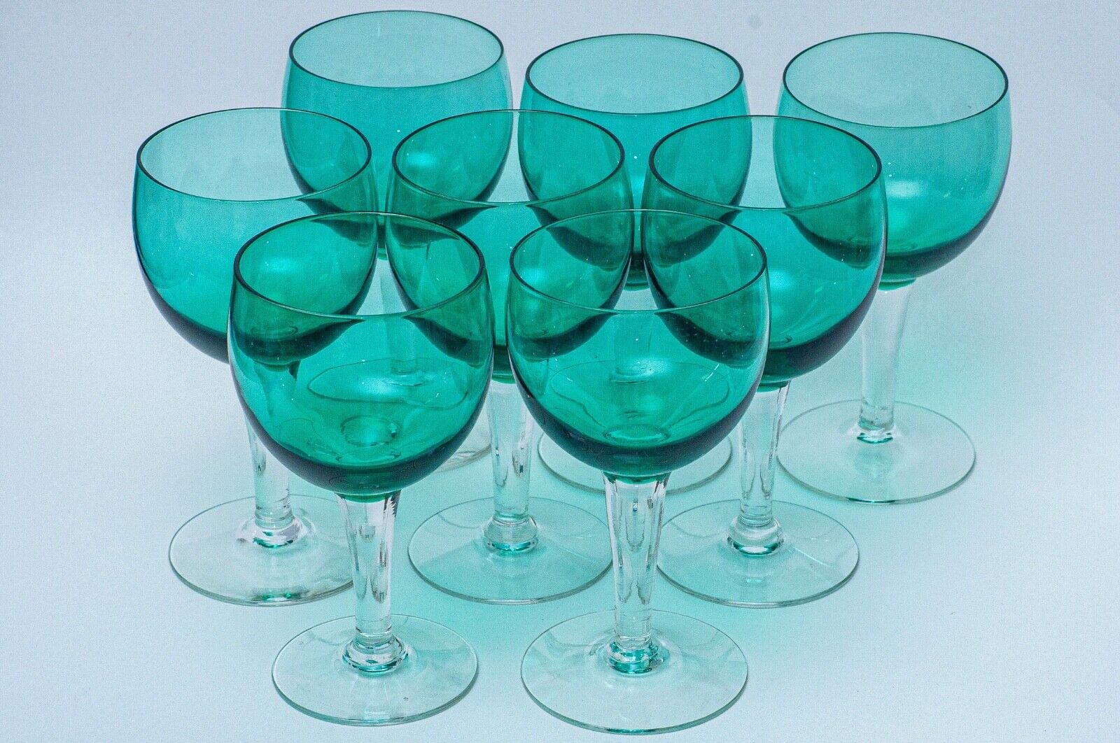 Exquisite Set of Eight Victorian Bristol Green Glass Goblets (Wine/Sherry)