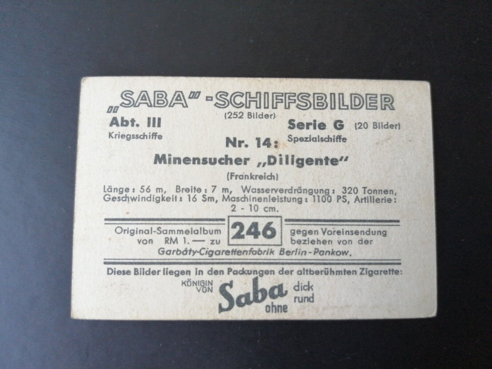 German SABA tobacco ship trading card 1931-33No 246 Diligente" France