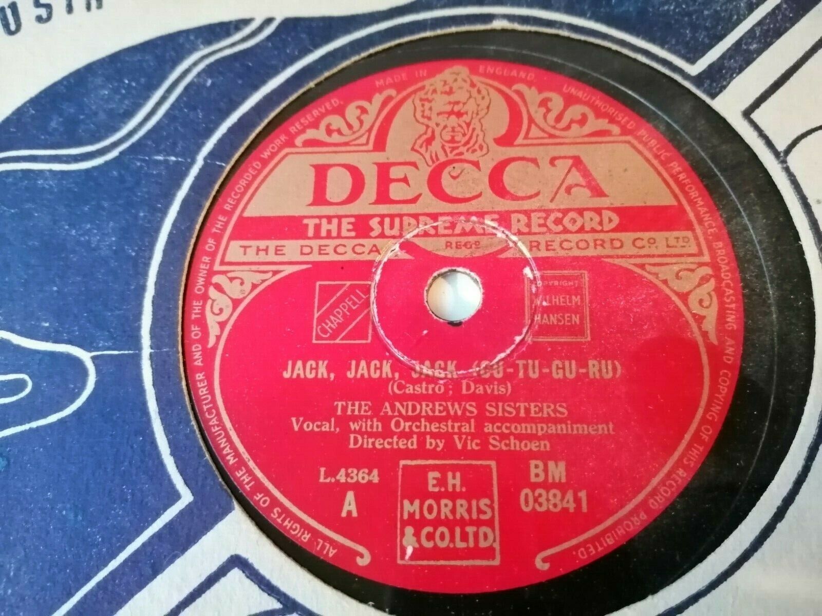 78 RPM  shellacTHE ANDREWS SISTERSJackJackJack /Too Fat PolkaDecca UK