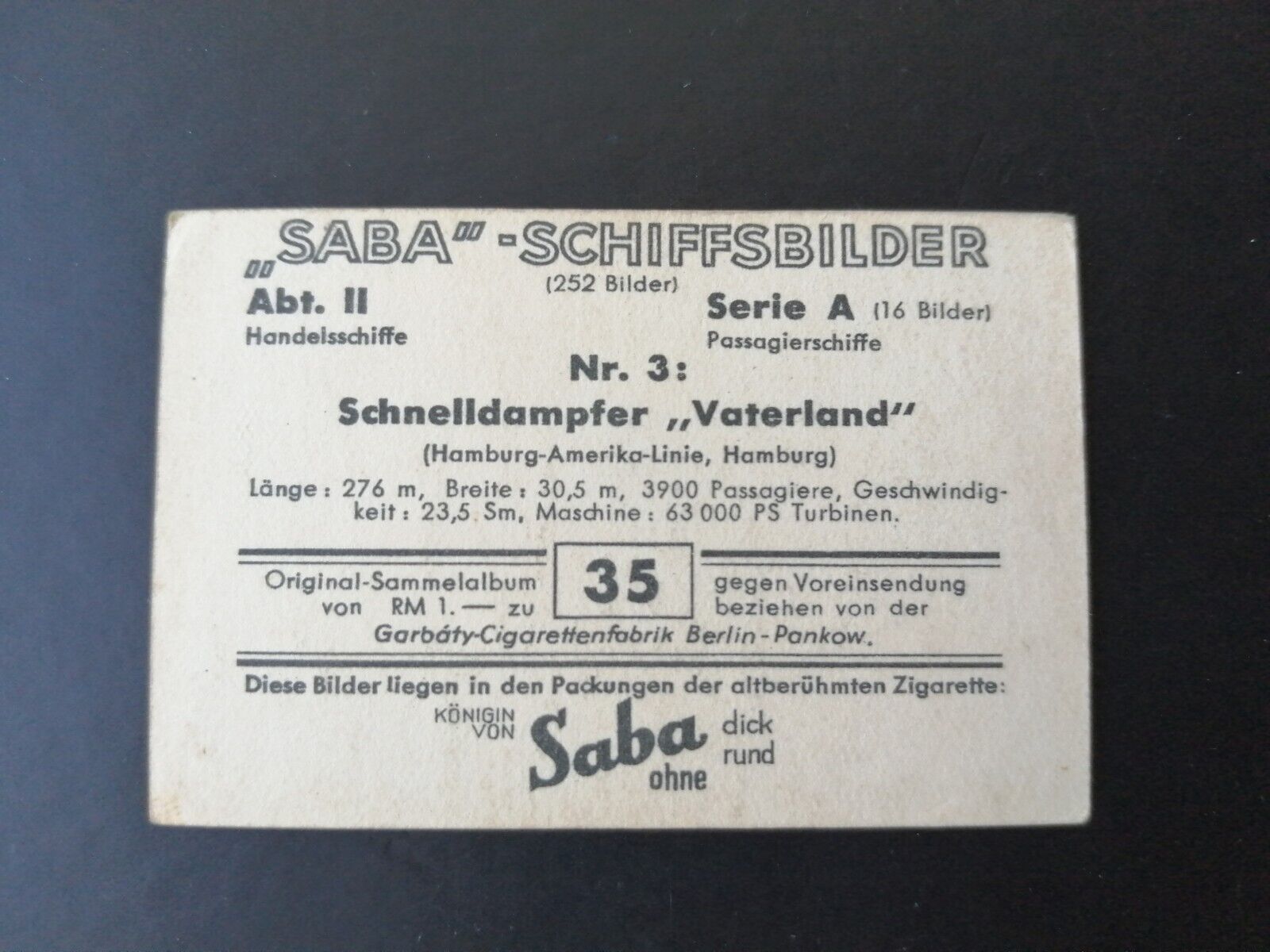 German SABA tobacco ship trading card 1931-33No 35 HH-USA "Vaterland"