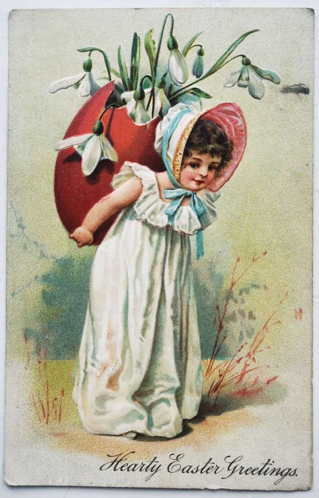 Old Easter Greetings postcard: Girl with egg on her bag mailed in 1908  pok1459