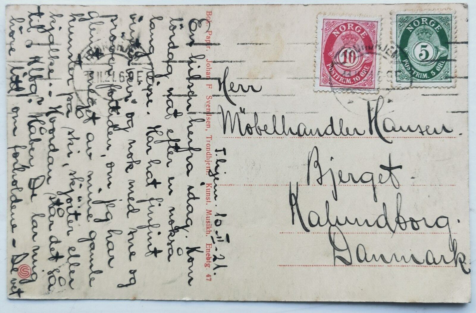 Vtg postcard from Norway: Motif from Aasveien Trondhjem Mailed to Denmark 1921